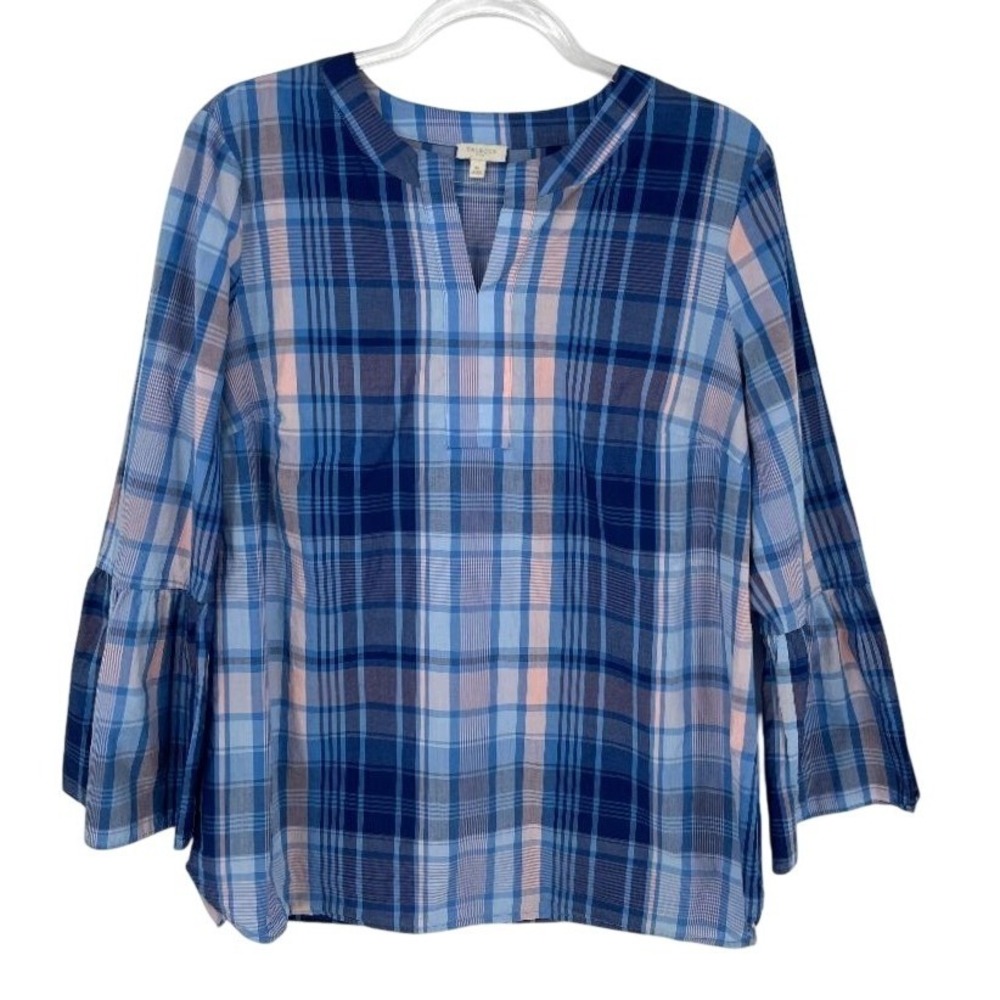 Talbots Plaid Blouse M Blue Pink Cotton Bell Sleeve Coastal Preppy Lightweight